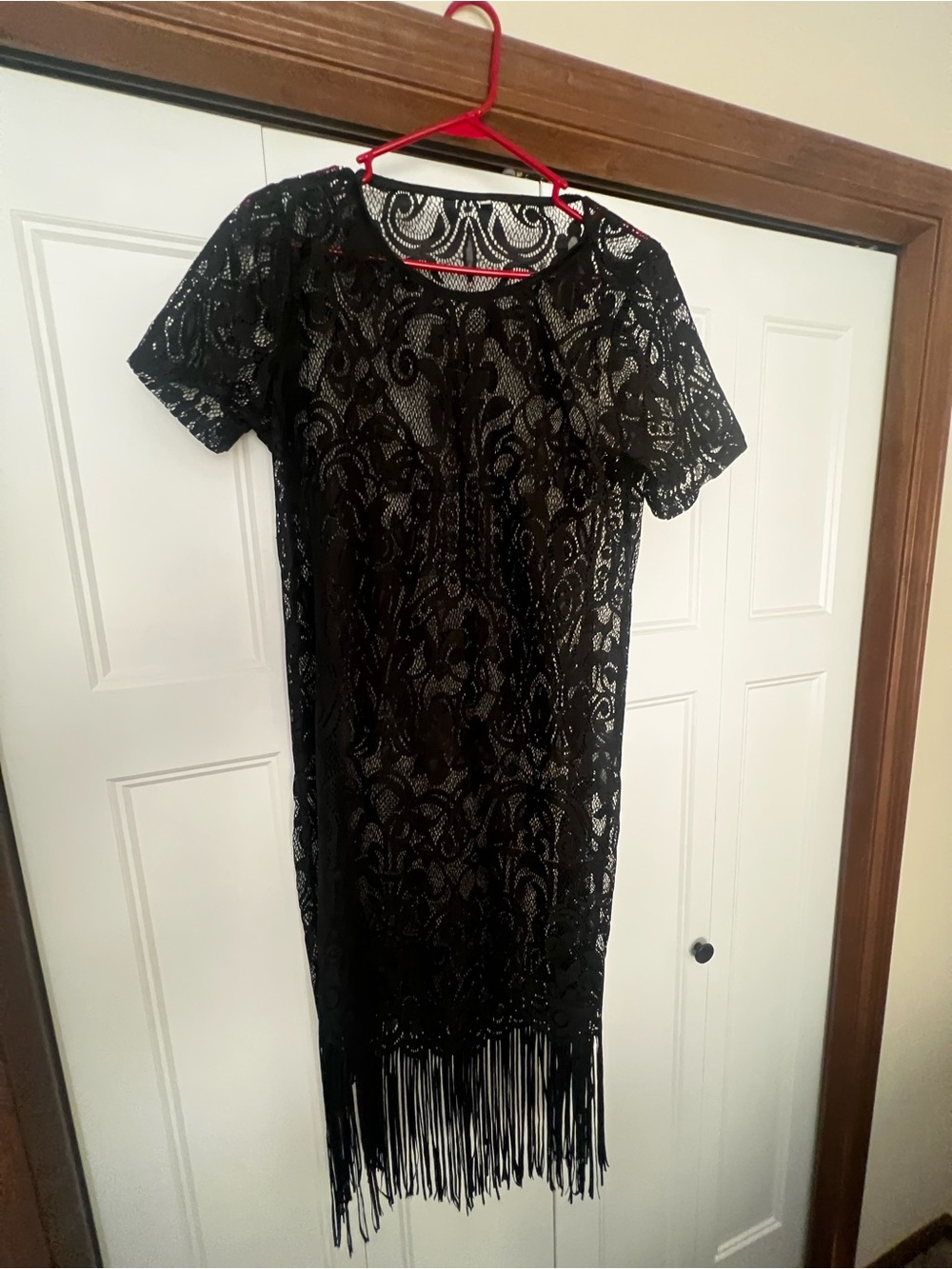 Black Lace Fringe Short-Sleeve Dress- Womens size Large- never worn!